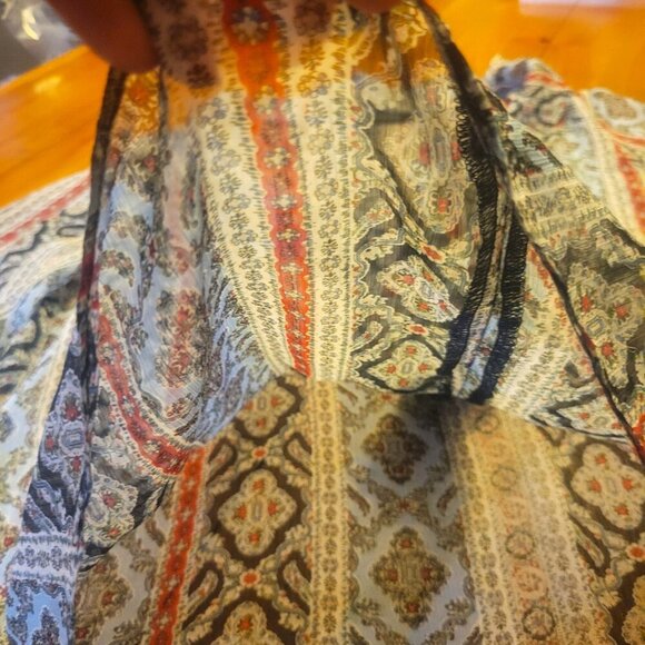 ZARA Sheer Red/Navy/White Patterned Ruffled 3/4 Sleeve Blouse - Size M LIKE NEW! - Picture 7 of 11